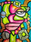 Fargerikt bilde med håndmalt maleri på lerret. Grønt, rosa og turkis maleri i popkunst stil, med hint av street art, ekspresjonisme og kubisme.  thumbnail