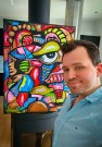 Norsk kunstner Håkon Morønning og akryl maleri på lerret. Farger primært med blått, gul/grønt og rødt.  thumbnail
