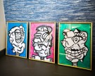 Kunstsamling: Unike tegninger / malerier med ramme. Dekorative bilder til hjemmet. Lowbrow art brut stil med surrealisme figurer, original kunst på papir.  thumbnail