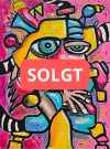 Fargerik kunst som håndmalt maleri på lerret. Bildet viser abstrakt figur med fargerike elementer rundt seg. Kunstverket har farger i blått, rødt / rosa og gult.  thumbnail