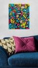 Fargerikt originalt maleri på lerret. Pop art farger, surrealistisk motiv og abstrakte former. Kjøp original kunst thumbnail