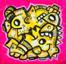 Abstrakt street art kunst på lerret. Fargerik kunst, gult og rosa maleri.  thumbnail