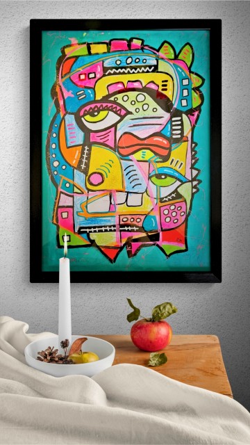 Akrylmaleri på papir - Innrammet kunst - Kubisme - Surrealisme - Fargerik kunst - Pop Art - Akryl kunst - Original kunst