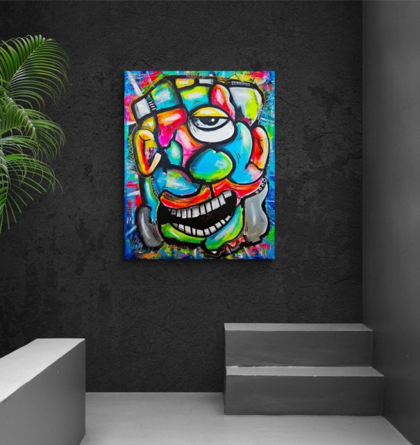 Frisk opp hjemmet og interiøret med et nytt maleri i boligen. Fargerik kunst med stort maleri til stua, unik figur med inspirasjon fra surrealisme, ekspresjonisme, popkunst og street art. 