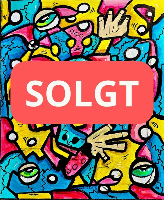 Fargerikt originalt maleri på lerret. Pop art farger, surrealistisk motiv og abstrakte former. Kjøp original kunst