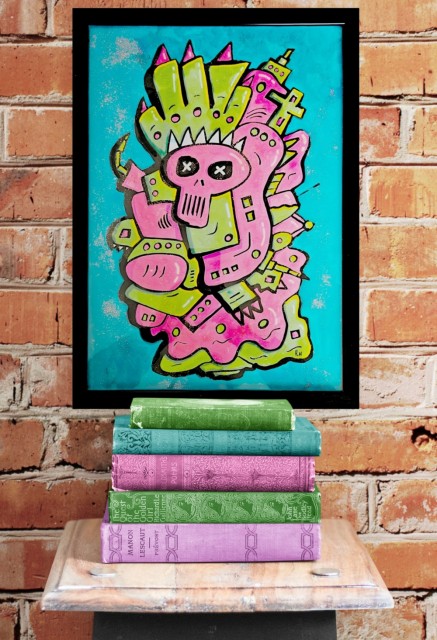 Pop art maleri på papir - Original kunst med ramme - A3 maleri - Popkunst - Lowbrow - Artbrut - Fargerik kunst