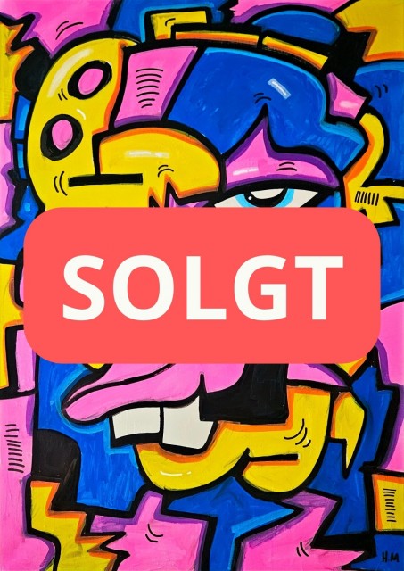Fargerik kunst med håndmalt maleri i akryl på lerret. Pop art farger i rosa, gult og blått. 