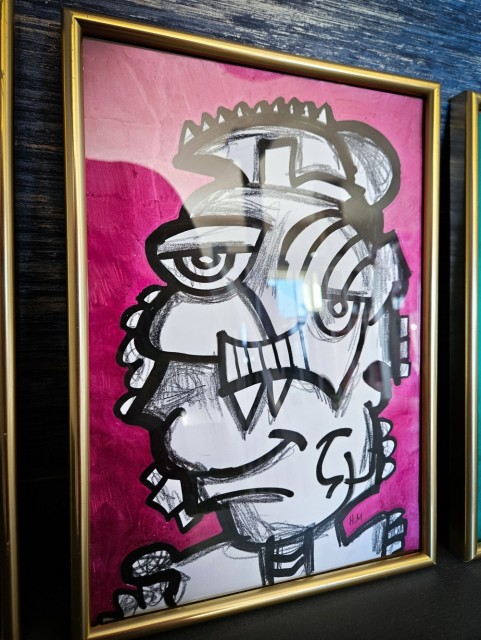 Abstrakt figur med original kunst på papir, med ramme. Maleri / tegning kunstverk til stue. 