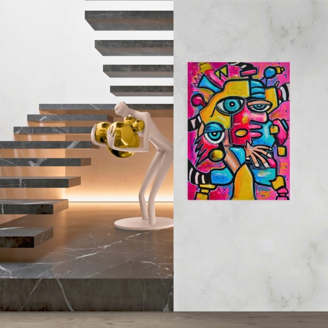 Bildet viser det fargerike maleriet til salgs på veggen, illustrasjon for kunst til hjemmet og interiør. 