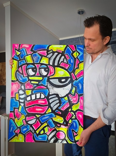Fargerik kunst maleri til stue - Moderne kunst - Akrylmaleri i neon farger