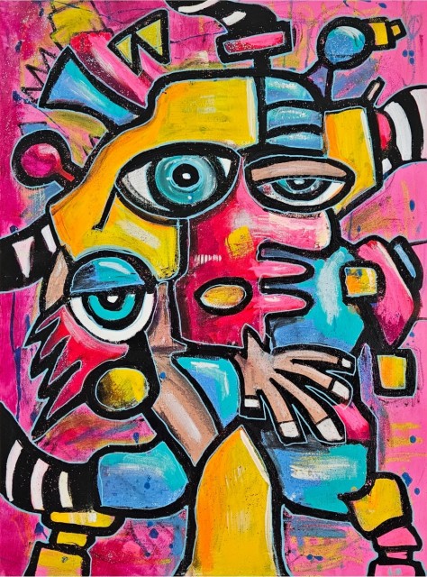 Fargerik kunst som håndmalt maleri på lerret. Bildet viser abstrakt figur med fargerike elementer rundt seg. Kunstverket har farger i blått, rødt / rosa og gult. 