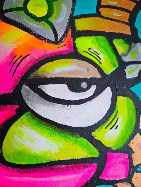 Detaljer fra fargerikt maleri på lerret. Visuell kunst med kult maleri til stue. 