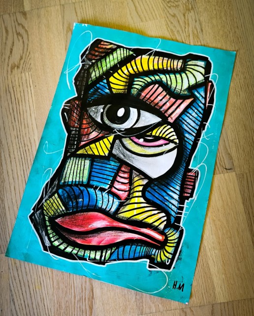 Kubisme maleri på papir. Fargerik kunst av norsk kunstner: Håkon Morønning (Art By Hakon)