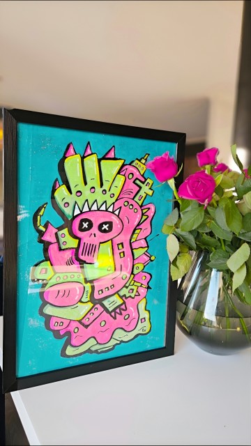 Pop art maleri på papir - Original kunst med ramme - A3 maleri - Popkunst - Lowbrow - Artbrut - Fargerik kunst