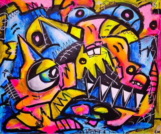 Fargerik kunst med inspirasjon fra pop art, street art og urban kunst (graffiti)