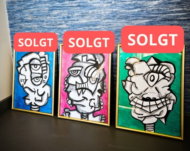 Kunstsamling: Unike tegninger / malerier med ramme. Dekorative bilder til hjemmet. Lowbrow art brut stil med surrealisme figurer, original kunst på papir. 