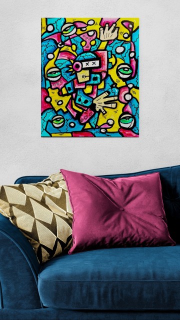 Fargerikt originalt maleri på lerret. Pop art farger, surrealistisk motiv og abstrakte former. Kjøp original kunst