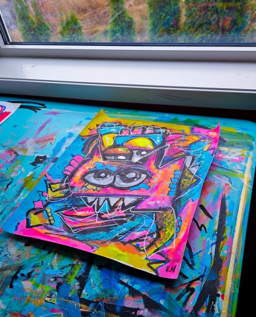 Fargerik pop art surrealisme kunst på papir (akrylmaleri med popkunst farger - originalt kunstverk). 