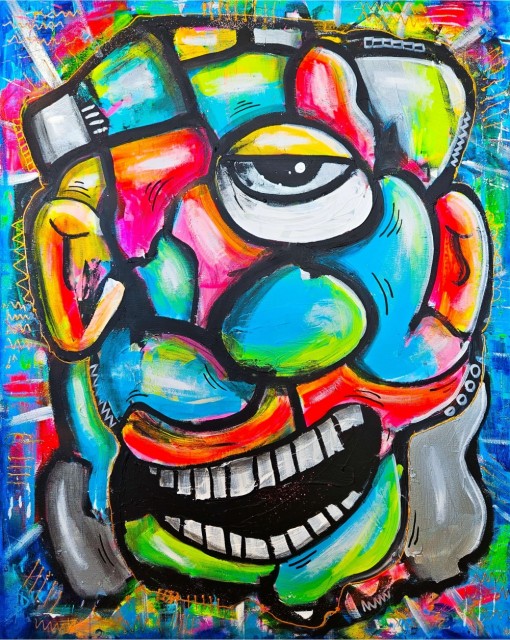 Stort maleri til stue med akrylmaleri på lerret i popkunst stil, i surrealistisk stil og mye farger (grønt, gult, blått, rødt). Ekspresjonisme maleri med popkunst på stort lerret. 