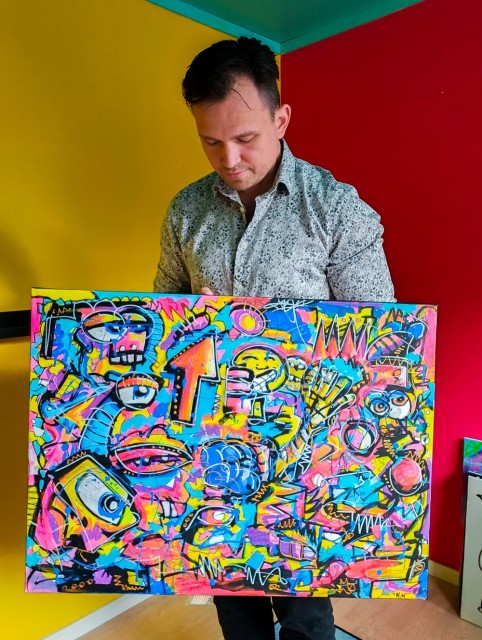 Fargerikt pop art maleri - Kunst med mye farger - Originalt håndmalt maleri til stue - Akrylmaleri på lerret