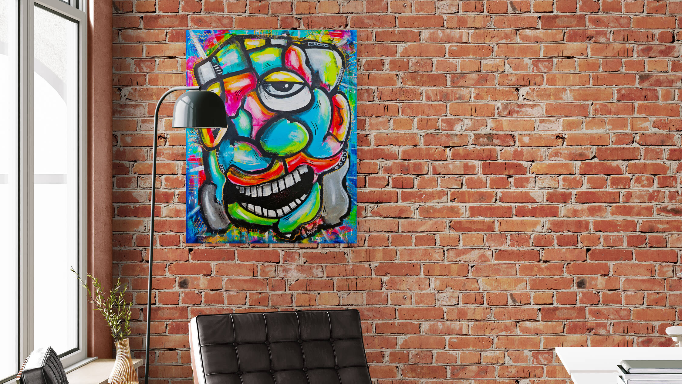 fargerik-kunst-maleri-på-veggen-kontor-interiør