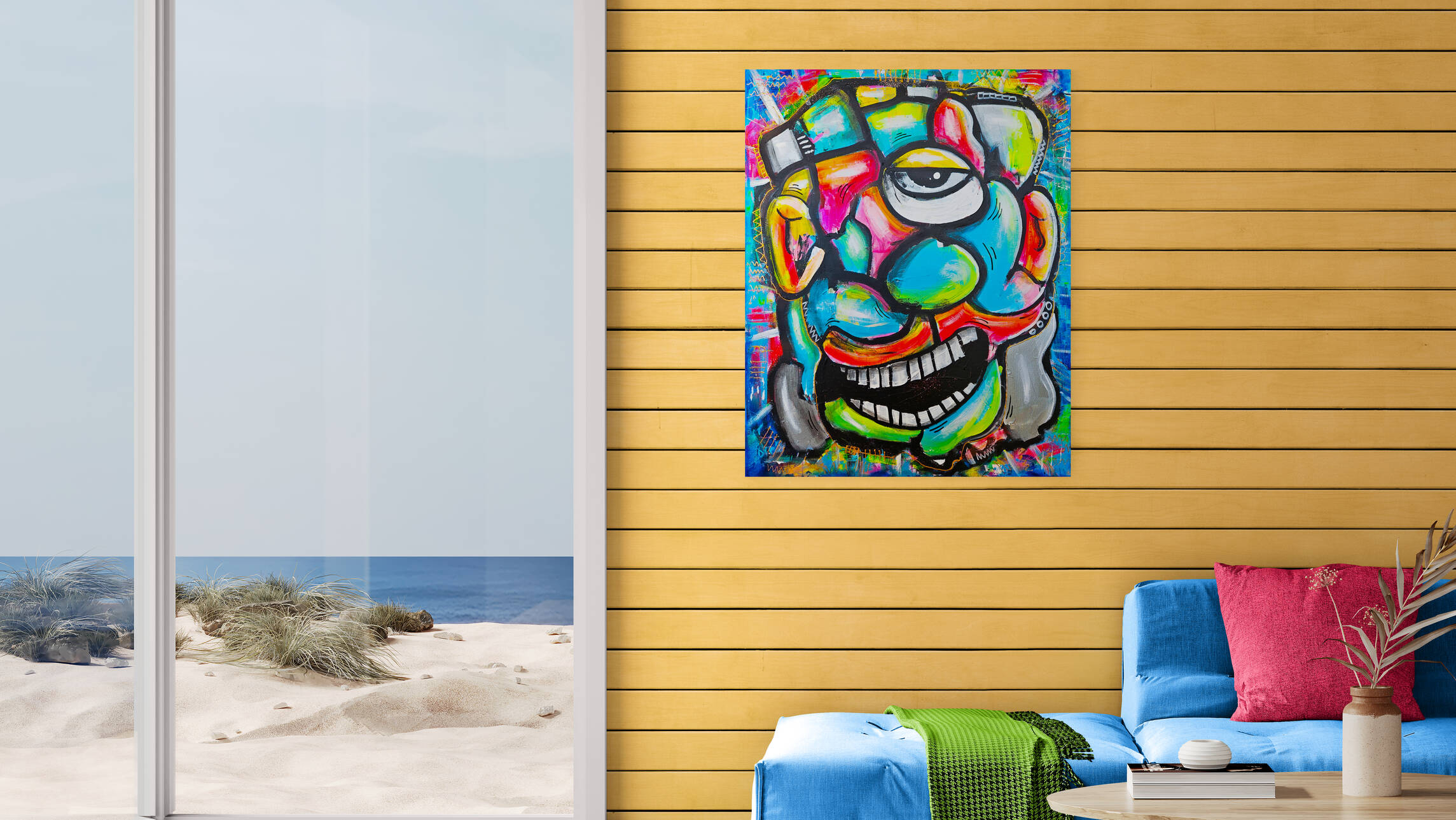 fargerik-kunst-på-stuevegg-strand-havutsikt-interiør